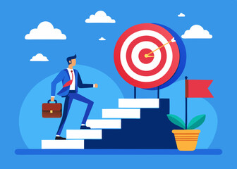 Business Success Concept with Businessman Climbing Steps to Target in Motivational Illustration
