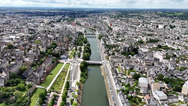 Aerial view of the Sarthe River in Le Mans, France