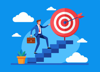 Business Success Concept with Businessman Climbing Steps to Target in Motivational Illustration