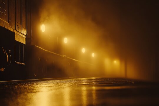 Train in foggy night station with glowing lights - Powered by Adobe