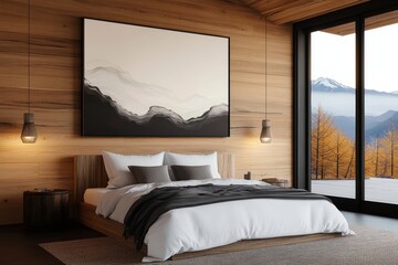 Cozy bedroom with mountain view.  White bedding, wood walls, and a large abstract painting create a serene atmosphere.