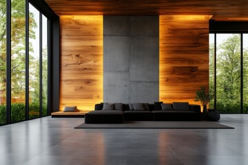 Fototapeta premium Modern living room with a sleek sectional sofa, warm wood, and concrete accents. Large windows offer a view of lush greenery.