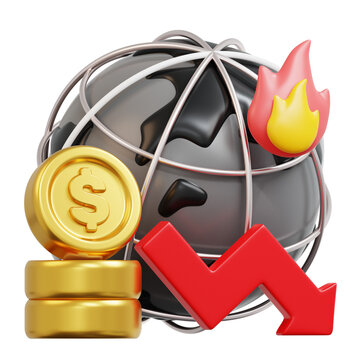 3d Global economic decline symbolized by a globe, falling coins, downward arrow, and fire. Suitable for illustrating financial crisis and recession concepts.