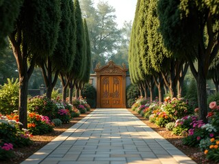 Obraz premium A beautiful garden path lined with a row of ornate wooden doors flanked by tall trees and vibrant flowers, door, pathway
