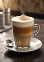 A beautifully crafted espresso shot topped with thick layer of foamy crema, milk, steam