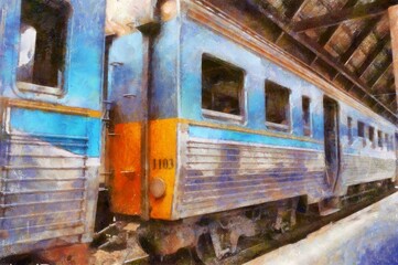 Fototapeta premium Thai trains at the train station Chalk paint Illustrations creates art style impressionism of painting.