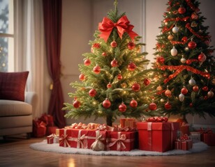 A beautifully decorated Christmas tree adorned with a vibrant red gift box on top, vibrant red box, ornaments, sparkling lights