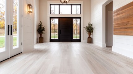 Bright and airy entryway with white walls, hardwood floors, and large windows.  The dark door is a stylish contrast.