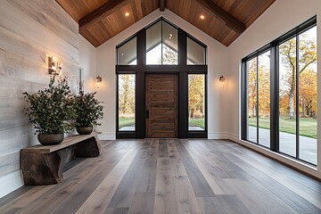 Elegant entryway with hardwood floors, large windows, and a wooden door. The room boasts a modern farmhouse design aesthetic.