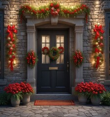 A beautiful stone house adorned with a stunning Christmas wreath made of colorful ornaments and red ribbons on its front door, elegant entrance, festive garland, christmas decorations