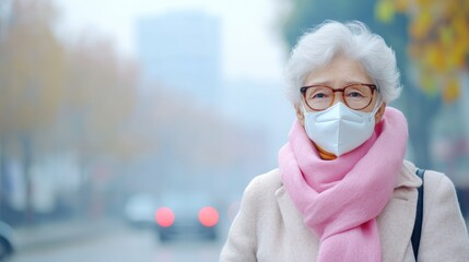 An elderly woman wearing a mask and a pink scarf stands on a foggy street, showcasing resilience in a challenging environment.