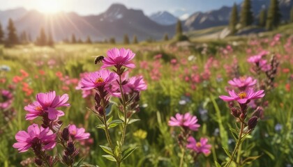 Obraz premium A bee lands on a bright pink wildflower in a sunny meadow, nectar, nature