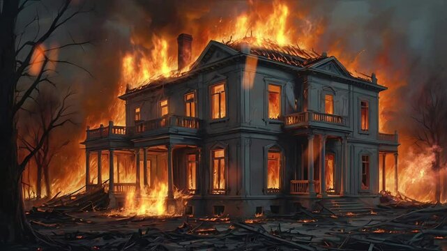 A luxury house caught fire at night. Seamless 4K looping timelapse video animation background