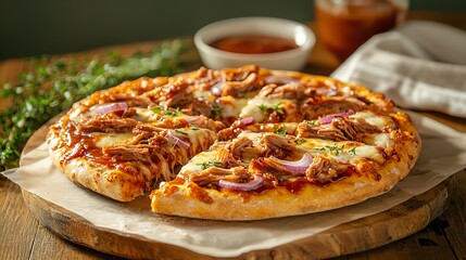 Delicious freshly baked pizza on a wooden board with sauce and herbs.