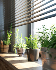 A minimalist kitchen with potted herbs on the windowsill, sunlight streaming through the blinds