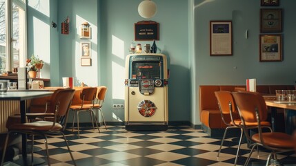 A vintage diner interior featuring a jukebox, cozy seating, and a retro atmosphere.