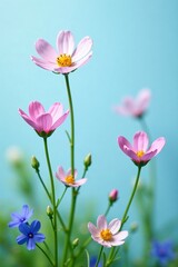 Fototapeta premium Delicate pink and blue flowers blooming against a soft blue background.
