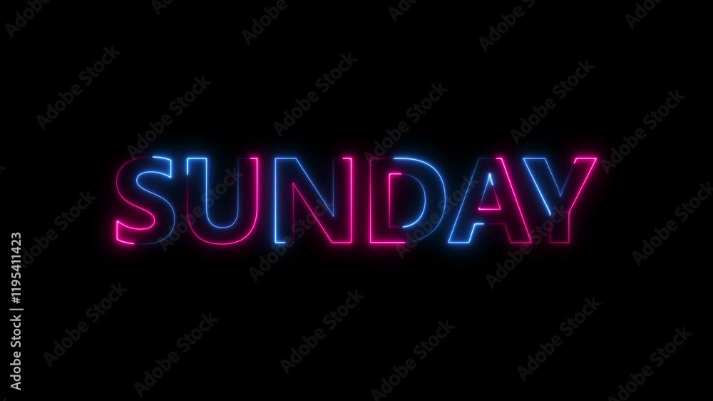 Poster glowing neon lines sunday text animation on black background. seamless loop. neon sunday neon sign a