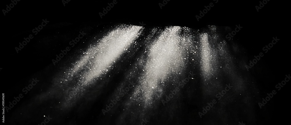 Poster Light beams illuminate scattered particles creating a magical atmosphere in a darkened space