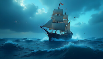Majestic Galleon Braving the Tempestuous Seas at Dusk