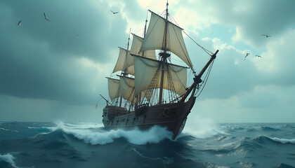 Majestic Galleon Braving Stormy Seas