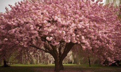 Obraz premium Cherry tree in full bloom with lots of pink blossoms ideal for backgrounds