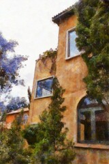 Landscape of Italian architecture buildings Tuscan architecture Chalk paint Illustrations creates art style impressionism of painting.