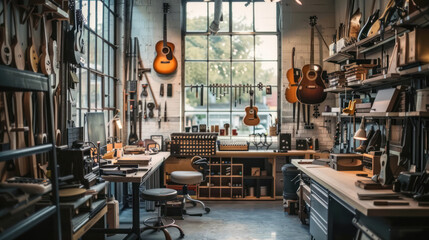 A modern workspace blending traditional tools and innovative machinery, showcasing the evolution of luthiery