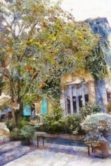 Landscape of Italian architecture buildings Tuscan architecture Chalk paint Illustrations creates art style impressionism of painting.