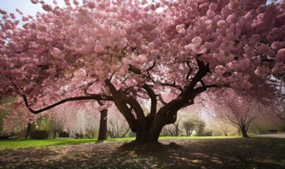 Obraz premium Cherry tree in full bloom with lots of pink blossoms ideal for backgrounds