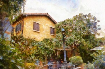Landscape of Italian architecture buildings Tuscan architecture Chalk paint Illustrations creates art style impressionism of painting.