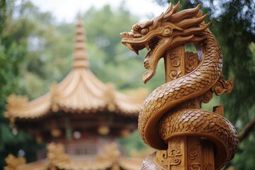 Fototapeta premium Intricate wooden dragon sculpture, temple backdrop.