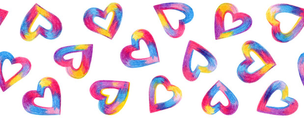 Horizontal seamless pattern with hand drawn multicolor pencil hearts