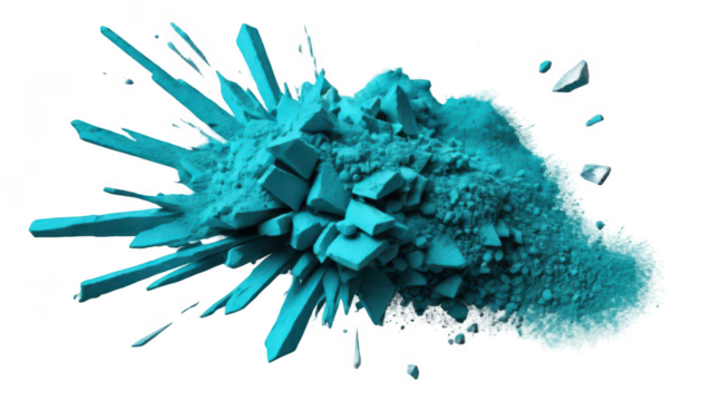 Vibrant burst of cyan Holi powder in a fragmented, shattered pattern with sharp angles, creating a dynamic flow of powder specks, on a transparent background PNG