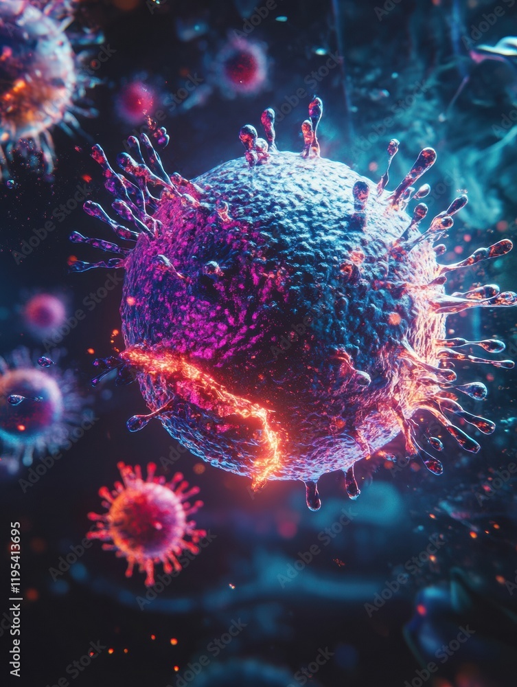 Aufkleber Magnified view of a human cell under attack by a virus in a dynamic microscopic environment. Generative AI
