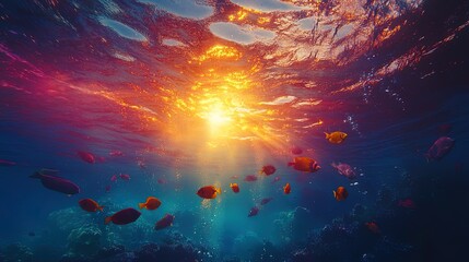 Obraz premium A stunning underwater sunset view with colorful fish swimming against a backdrop of radiant colors, highlighting the beauty of ocean life 