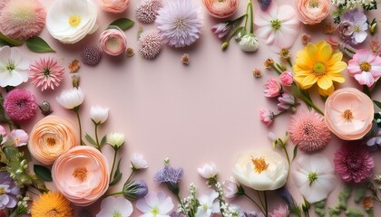 春の花のフレーム背景。コピースペースあり。aiで生成