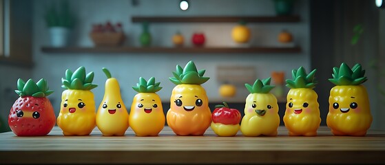 Obraz premium Cute fruit and vegetable toys on kitchen counter.