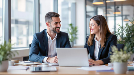 Obraz premium Two business colleagues collaborate on laptop smiling and engaged in conversation during productive meeting