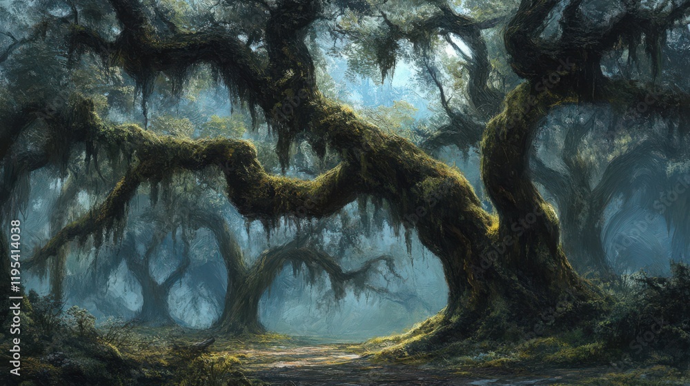 Poster misty forest with mossy trees and winding path in dim light environment