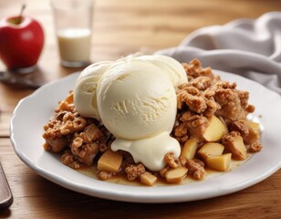 A delicious apple crisp served warm with vanilla ice cream , dessert, warm, seasonal