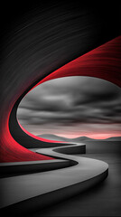 Abstract background with a winding road along a steep wall with red neon lighting.