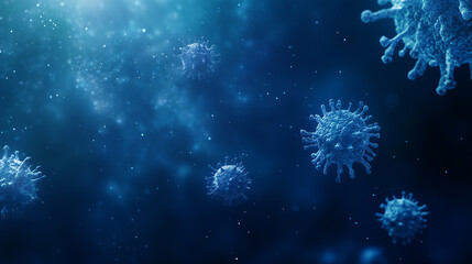 Blue Virus Cells Floating Against a Dark Background - Scientific and Medical Microbiology Illustration