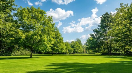 Fototapeta premium Serene Summer Park: Lush Greenery Under a Sunny Sky