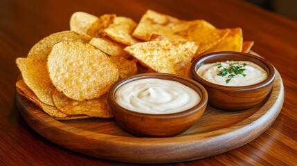 A wooden platter with tortilla chips and two bowls of creamy dips.