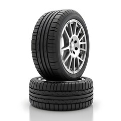 Obraz premium Close-up of a New Car Tire with Alloy Wheel on a White Background
