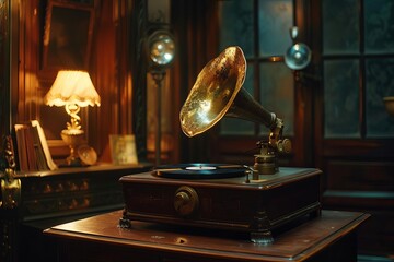 A vintage gramophone sits elegantly in a warmly lit room, evoking nostalgia and the joy of music.