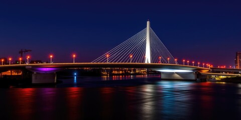 Fototapeta premium A dramatic shot of the Zakim Bridge at night, with its modern design and sleek glass and steel surface illuminated by colorful streetlights, zakim bridge, architectural details