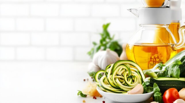 Fresh ingredients for a healthy meal, featuring olive oil, zucchini, garlic, and herbs.