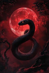 Obraz premium Dark snake coils, red celestial body, barren landscape.